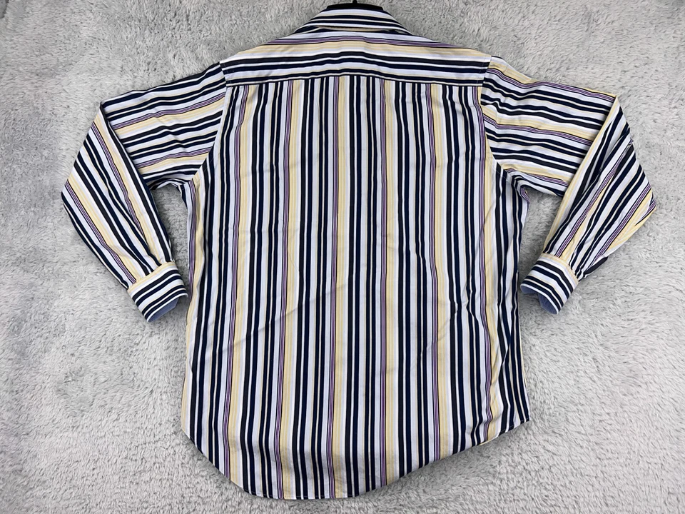 Camisa masculina TailorByrd grande azul amarela roxa listra de botão golfe 100% algodão - Imagem 2 de 4