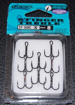 OWNER BLACK CHROME STINGER Treble Hooks 5636-031 Size 8 Super Needle Pack of 8