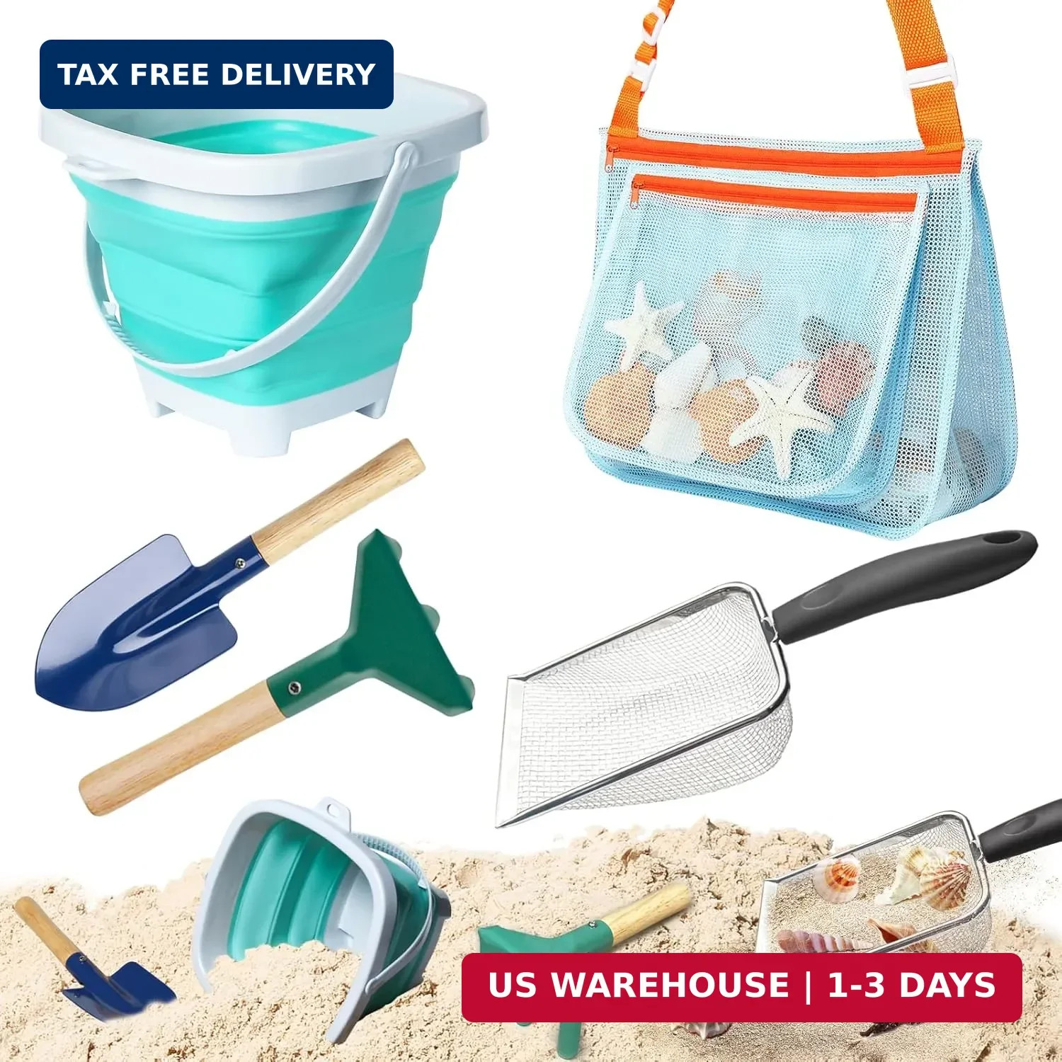 5 Pcs Sand Toys Beach Set Include 1 Metal Shovel,1 Metal Rak