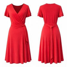 Lauren Ralph Lauren Dress Sz 8 Faux Wrap Ruched Jersey Midi Stretch Red Orange