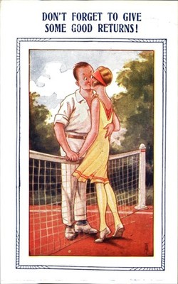 Bamforth Tennis Comic ~ 1920s couple kissing at net ~ Give Good Returns