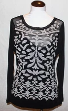 I.N.C. International Concept Blouse Top Black w White Embroidery 2 Layers Large