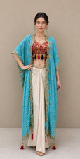 Women Indo Western Lehenga Set Teal Shrug Blouse Draped Skirt Party Wear Outfit