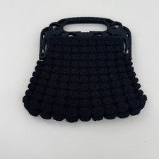 Vintage Black Crocheted Gimp Victorian Purse Handbag Peacock Handles
