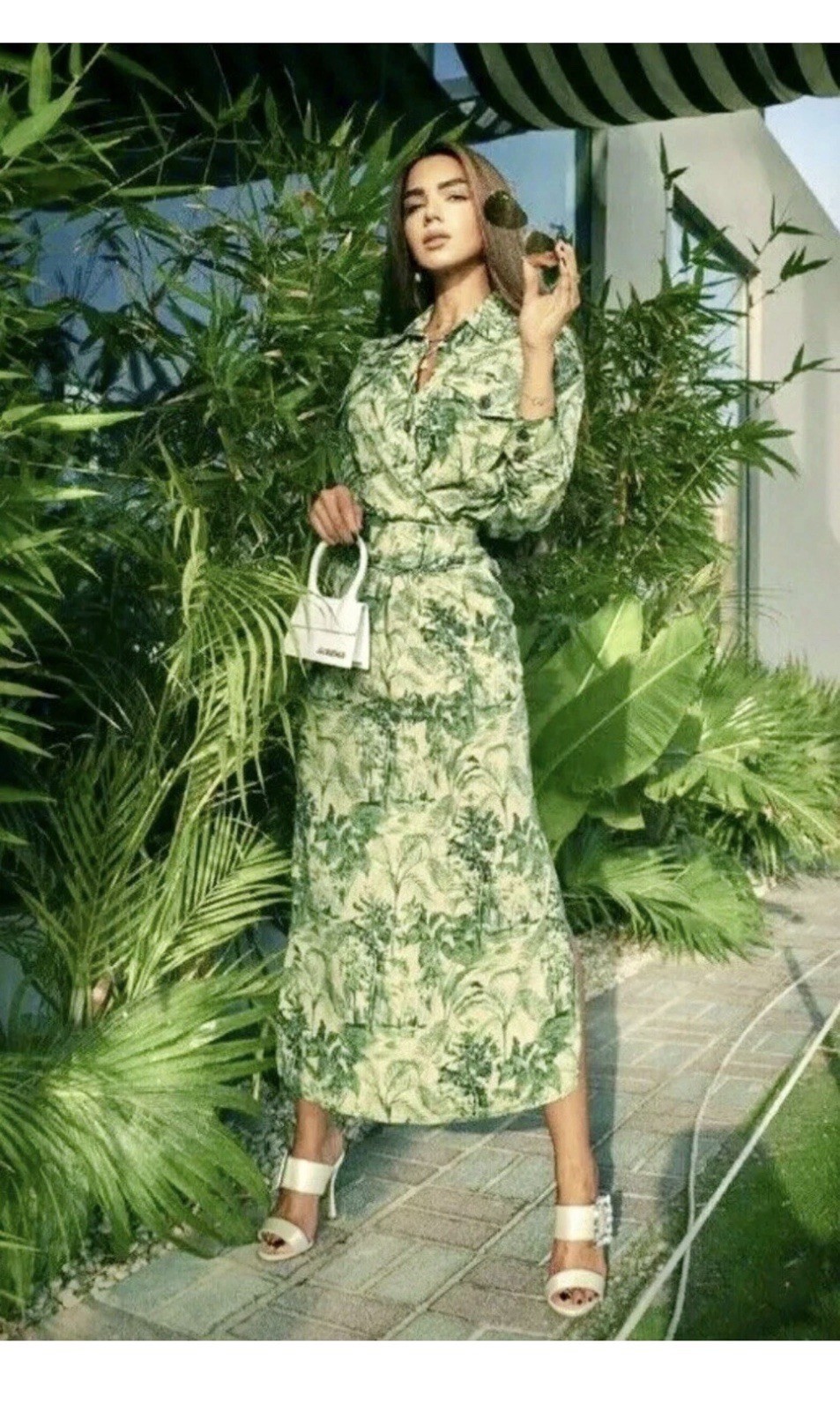 ZARA WRAP Style Green Forest Print PAREO Linen Blend Maxi DRESS SideSlit Women M