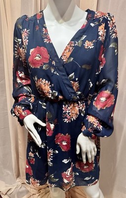 Honey Belle Wrap Floral Chiffon Dress Navy Pink Green Long Sleeve Size M