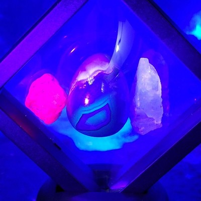 3 UV Glow Reactive Minerals: Ruby, Volcano Agate, Fluorite in Floating Display