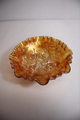 NICE Imperial Marigold Carnival Glass Open Rose Ruffled Three Footed Bowl 8 Dia