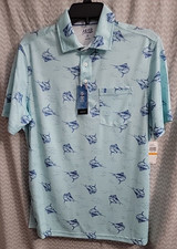 IZOD Saltwater Sunshield Print Men's Small Green Polo Blue Marlin Ocean Fishing
