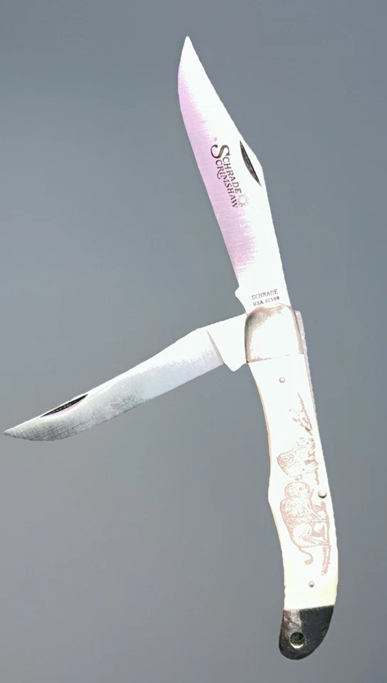 De colección Schrade EE. UU. 1980 Scrimshaw 2 hojas Linerlock SC-500 no numerado Foto 2 de 4