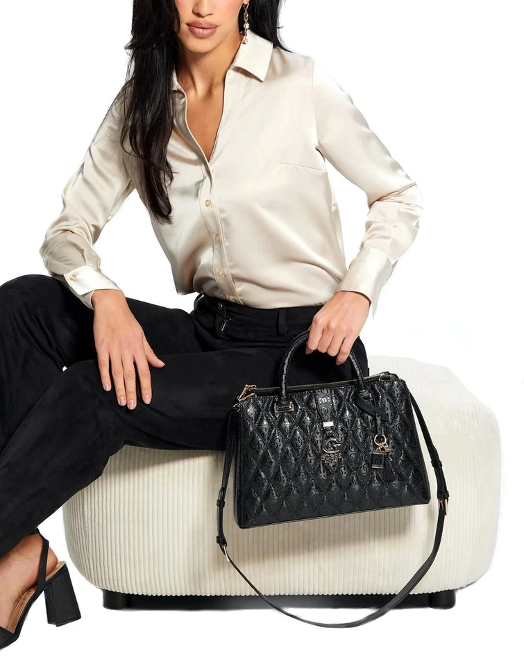 Guess  Tasche Handtasche Henkeltasche Adi Society Satchel Schwarz Logo gesteppt - Bild 2 von 4