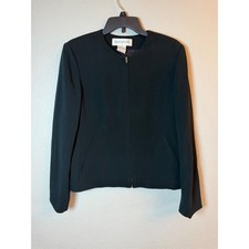 Jones New York Black Zip Front Collarless Jacket Blazer Size 10 Triacetate Blend