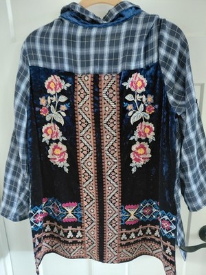 Andree Look Alike (Johnny Was) Blue Velor Design Sz L Boho Cottagecore  