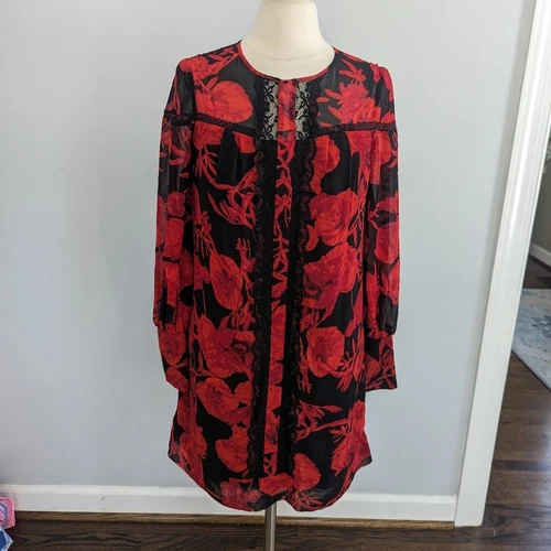 NUOVO abito Eva Mendez x NY&Co grande rosso nero pizzo manica lunga San Valentino