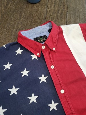 Red Head Shirt Mens XL USA Flag All Over Print Button Up Short Sleeve Quality 