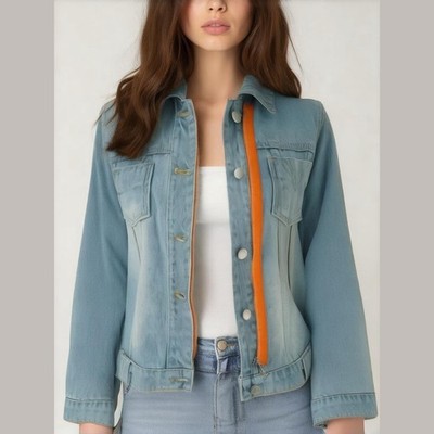 Lee Cooper Vtg 90s Blue Denim Orange Trim Button Asym Zip Classic Jean Jacket M