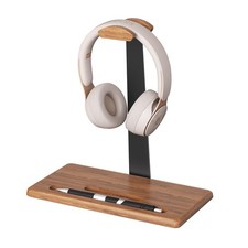 Natural Wood Walnut Headset Stand For Desk With Integrated Phone Holder