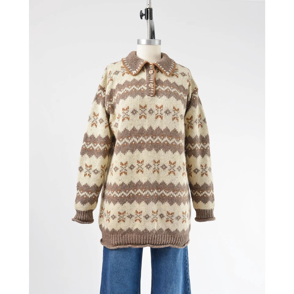 Vintage 90s Fair Isle Striped Collared Oversized Fit Ramie Wool Knit Sweater S M - Image 2 of 4