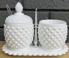 Vintage FENTON White Milk Glass HOBNAIL 5 Piece Condiment Set Sugar & Salt Bowls