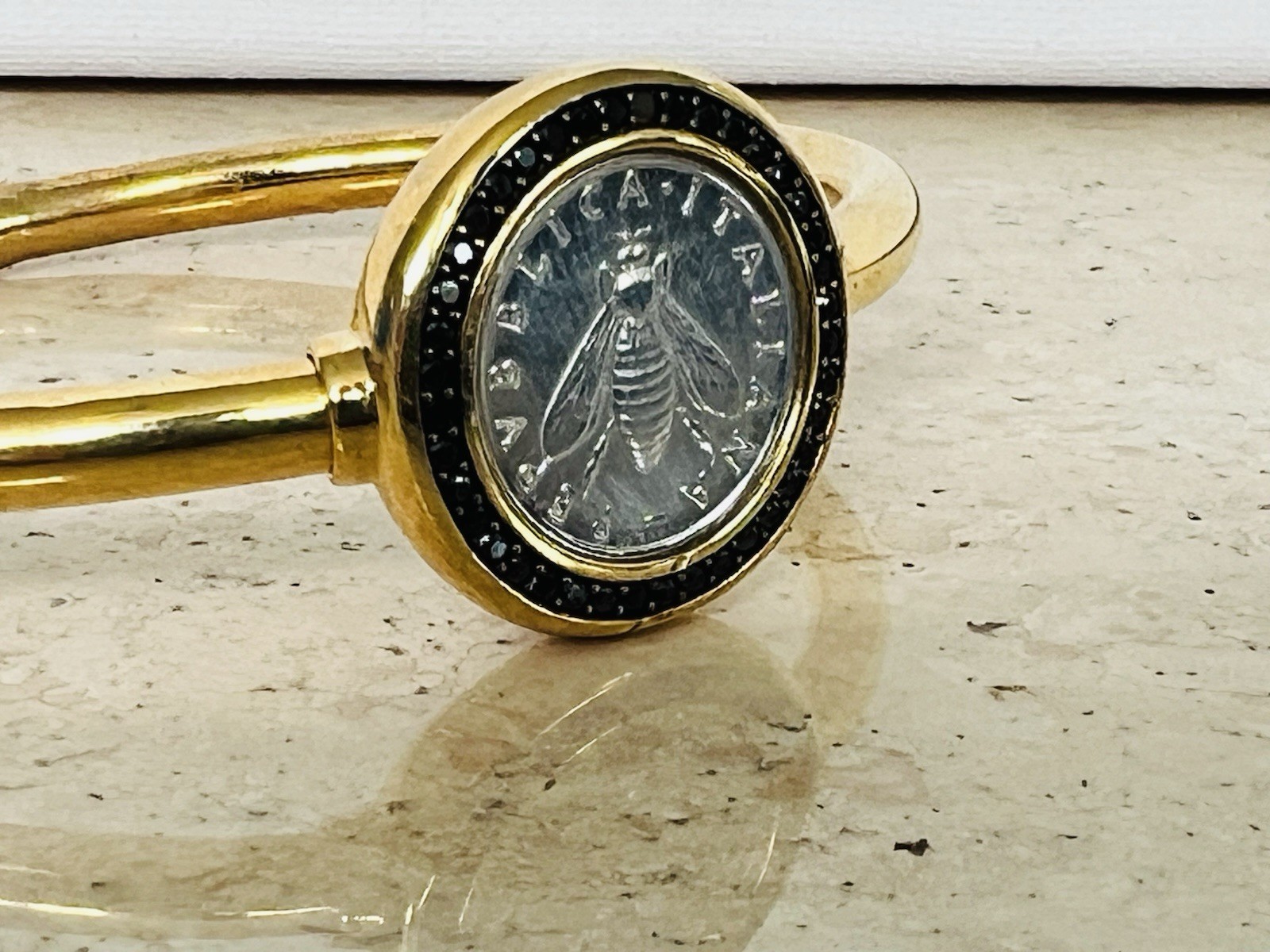 Bellezza Italy Yellow Bronze Bee2 Lira Coin Black Onyx Bangle Bracelet