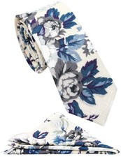 Mens Cotton Skinny Blue Floral Beige Tie Combo Set with Pocket Square