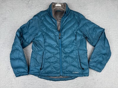 LL Bean Jacket Womens Small Blue Puffer 850 Goose Down Full Zip Mock Neck Stow