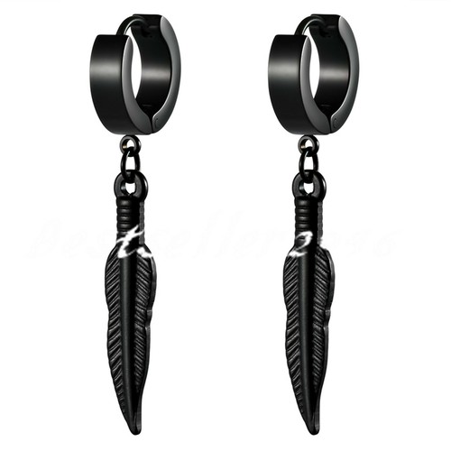 2pcs Men Women Stainless Steel Long Feather Dangle Hoop Huggie Earrings Studs - Picture 2 of 17