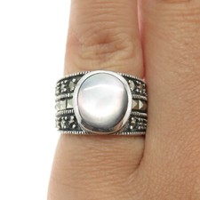 925 Sterling Silver Vintage Real Abalone Shell  Marcasite Gemstone Ring Size 5