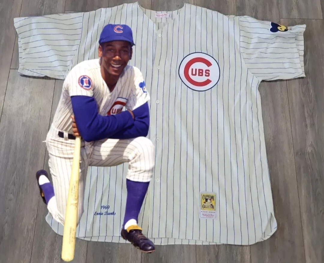 VINTAGE AUTHENTIC ERNIE BANKS CUBS JERSEY 64 5XL MITCHELL NESS FLANNEL WOOL