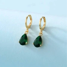 Womens Gold Hoop Earrings Green CZ Dangle Drop Elegant Fashion Jewelry GIft New