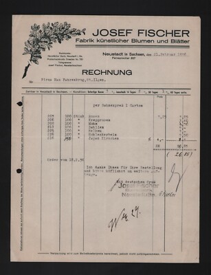 NEUSTADT SA, Rechnung 1936, Josef Fischer Fabrik künstlicher Blumen Blätter