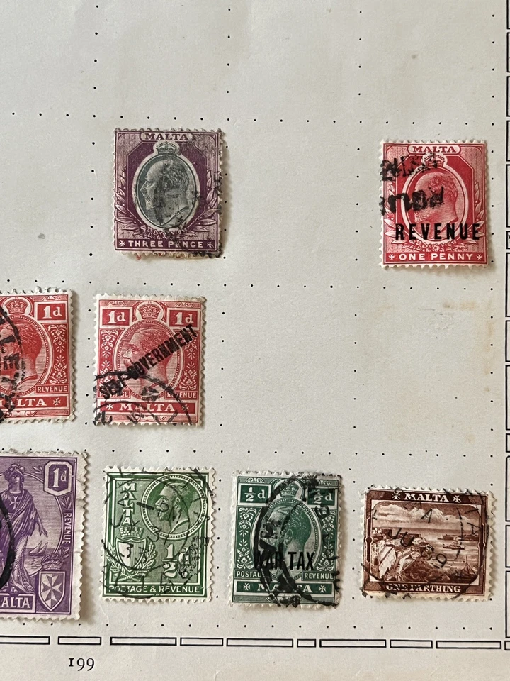 LOTE DE SELLOS DE MALTA TEMPRANOS EN PÁGINA DE ÁLBUM, AUTOGOBIERNO, INGRESOS, KGV, QV Y MÁS Foto 2 de 4