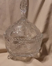 Ornate Crystal Tri Foot Covered Candy Dish, 6" diameter, 8.5" Tall
