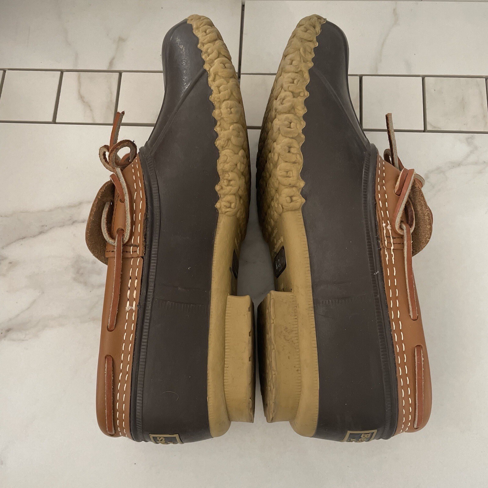 LL Bean Mocs Duck Boots Womens 8 Brown Leather Rubber Rain Waterproof Made USA