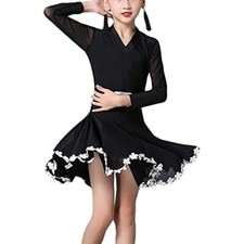 Girls Ballroom Dance Dress V Neck Lace Hem Tulle Sleeves Latin Salsa Performance