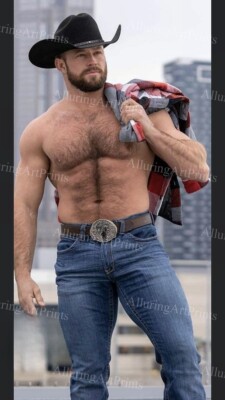 Male Model Photo Print Muscular Cowboy Hairy Shirtless Hunk Abs
