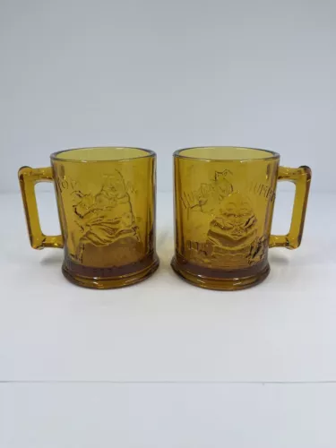 Vintage Tiara Humpty Dumpty Tom Tom Piper's Son Amber Glass Cup Mug Pair