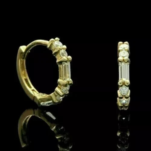 Stylish 925 Sterling Silver Huggie Hoop Earrings with 2 Ct Baguette Simulated Diamonds-image