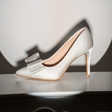 White Satin Bridal Heels with Bow   9cm Wedding Stiletto Shoes Bridal Pumps
