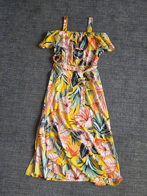 Full Circle Trends XL Yellow Floral Maxi Dress Off Shoulder Ruffle Belt