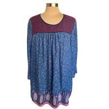 Lucky Brand Boho Floral Embroidered Tunic Top Blue Burgundy Plus Sz 1X Peasant