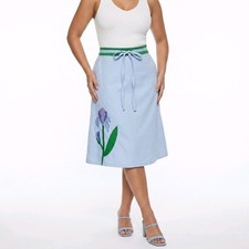 Vintage Crabtree Virginia Blue Iris Floral Applique Wrap Skirt Green Trim Small