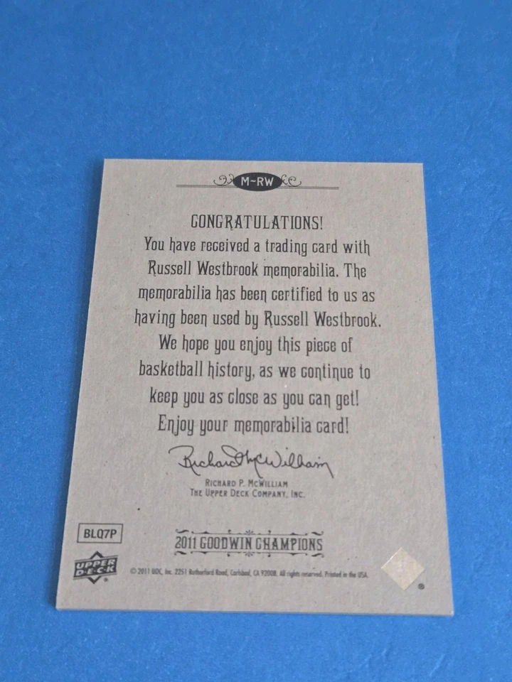 RUSSELL WESTBROOK - 2011 UPPER DECK GOODWIN CHAMPIONS - MEMORABILIA CARD - Image 2 of 2