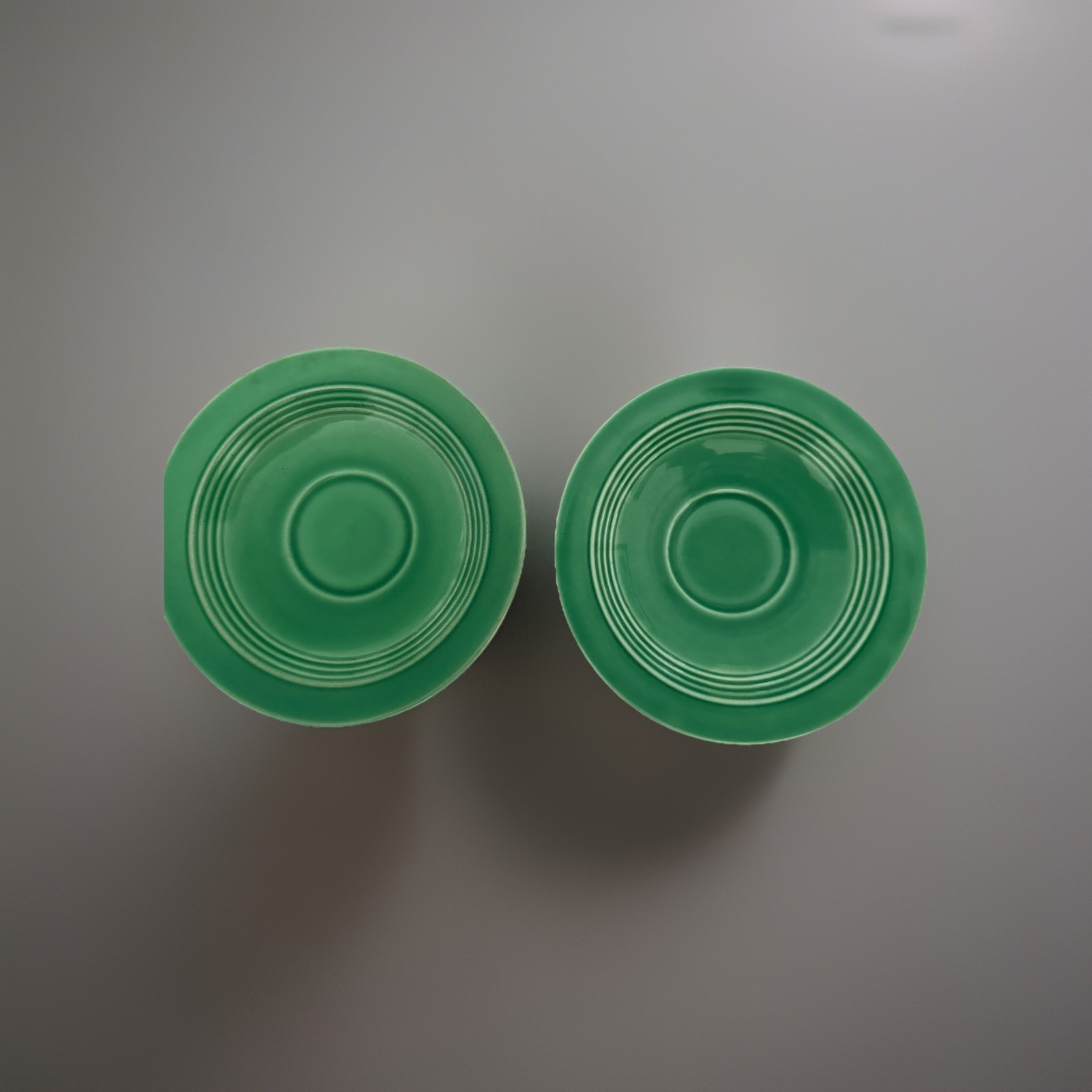 2 Vintage Homer Laughlin Harlequin Demitasse Saucers Light Green 5” Wide EUC