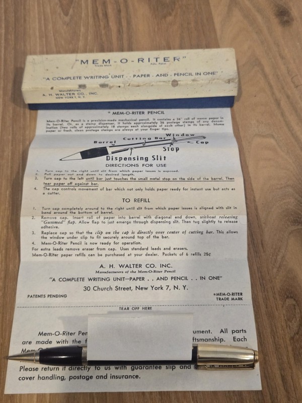 Rare Vintage Mem-o-Riter Pencil- Paper And Pencil In one - A.H Walter Co. NY
