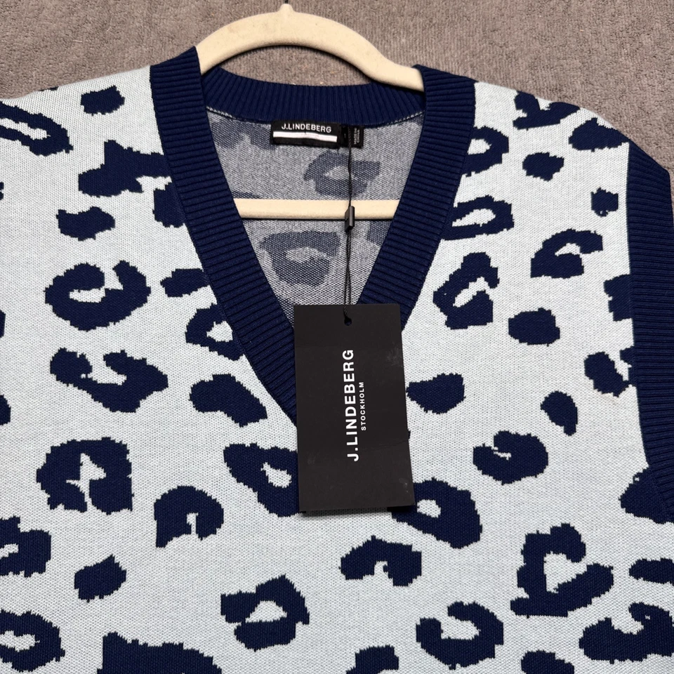 Chaleco Suéter Tejido Leopardo Azul Blanco J Lindeberg Elian Para Hombre Mediano Golf Y2K Foto 2 de 4