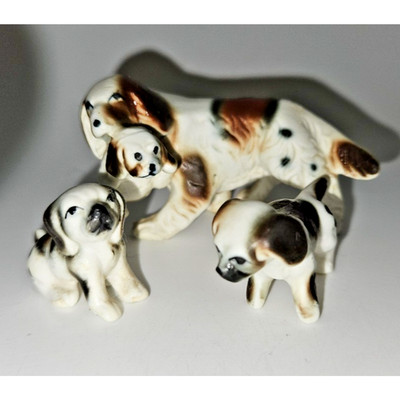 1960's Vintage English Setter Dogs Miniature Bone China Japan Mom w Pups