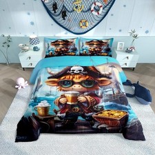 Pirate Cattle Bedding Set Size Cartoon Highland Cow Full Blue Brown Black