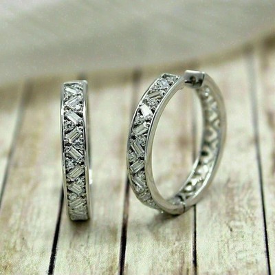 Huggies Hoop Earring Baguette Cut Simulated Diamond 14K White Gold Plated Silver