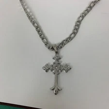 Men’s Gothic Cross Pendant Necklace | Chunky Silver Chain | Rhinestone Accent |